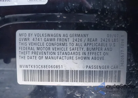 2008 Volkswagen Passat Lux from USA, damaged, VIN WVWTK93C68E060851